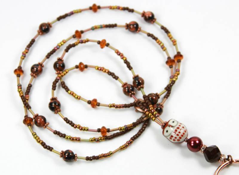 Braune Eule - Perlen Plakettenhalter, Beaded Lanyard, Braune Lanyard von NineGemsInspirations