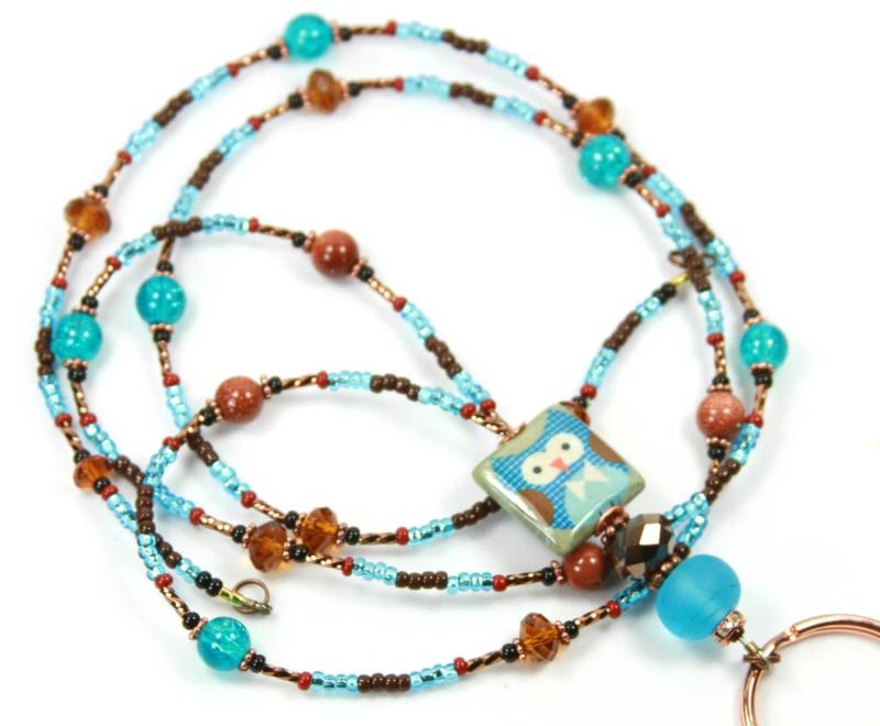 Hübsche Eule - Perlen Badge Holder, Beaded Lanyard, Teal Brown Holder von NineGemsInspirations