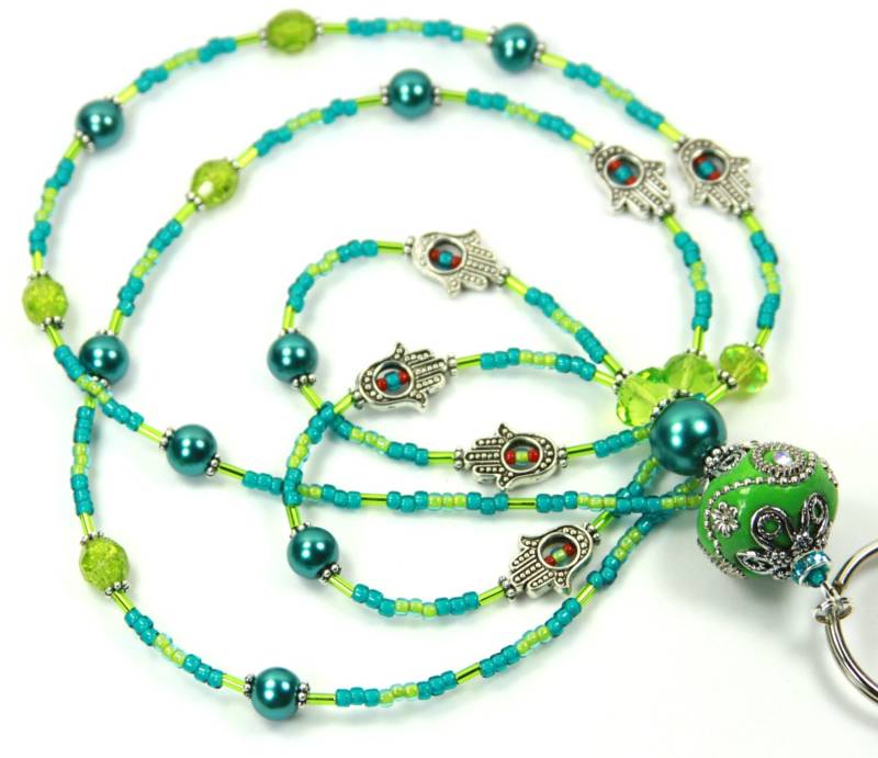 Humsa Beaded Badge Holder, Teal Green Schlüsselband, Schlüsselband Humsa Green, Und Teal, Lanyard von NineGemsInspirations