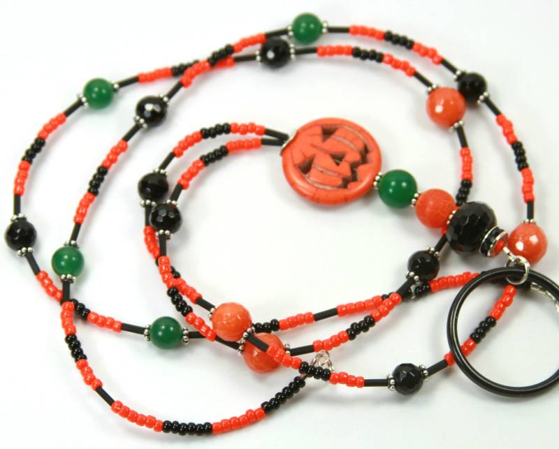 Kürbis - Perlen Badge Holder, Beaded Lanyard, Orange Schwarz Schlüsselband von NineGemsInspirations