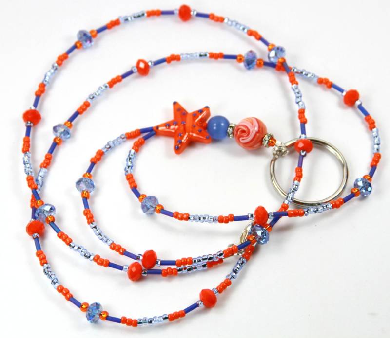 Orangefarbenen Stern - Perlen Badge Holder, Beaded Lanyard, Orange Blau Schlüsselband von NineGemsInspirations