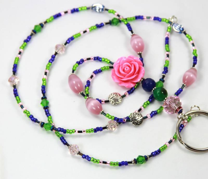Rosa Blume - Perlen Badge Holder, Lanyard, Rose-Schlüsselband, Grün Holder von NineGemsInspirations