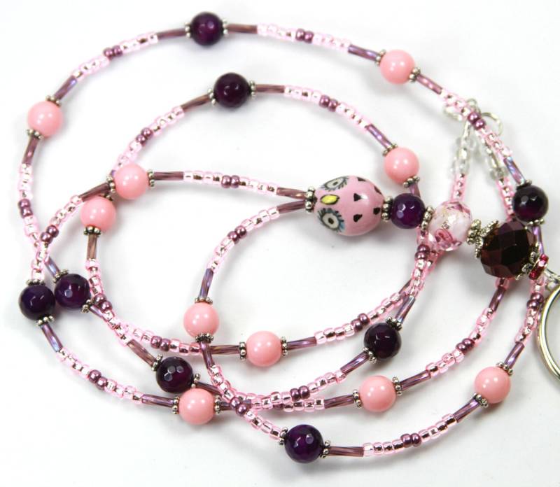 Rosa Eule - Perlen Badge Holder, Beaded Lanyard, Eule Rosa Schlüsselband Lanyard von NineGemsInspirations