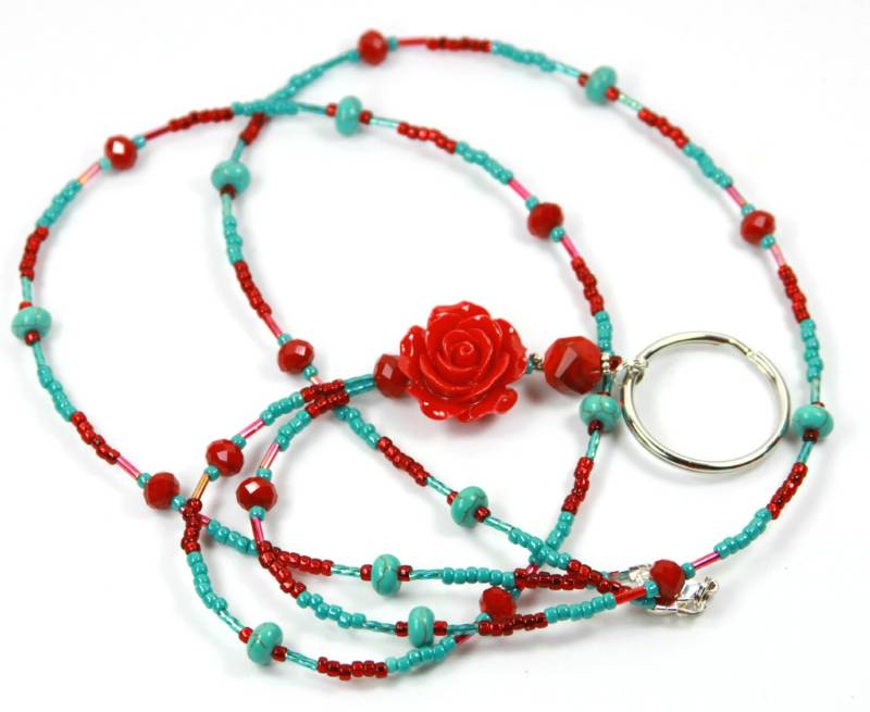 Rote Rose - Perlen Badge Holder, Wulstige Schlüsselband, Rose Lanyard von NineGemsInspirations