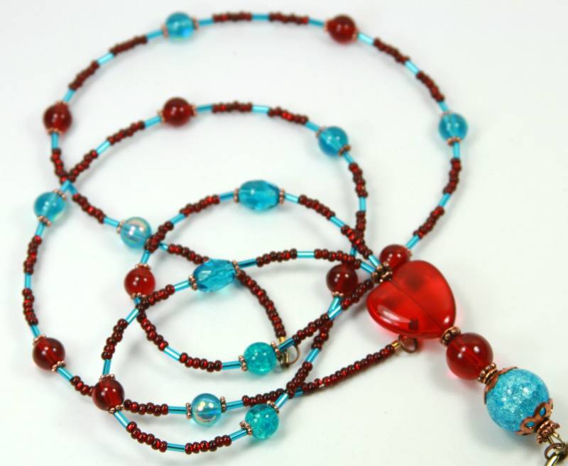 Rotes Herz - Perlen Badge Holder, Beaded Lanyard, Rot Rot Und Türkis Schlüsselband von NineGemsInspirations