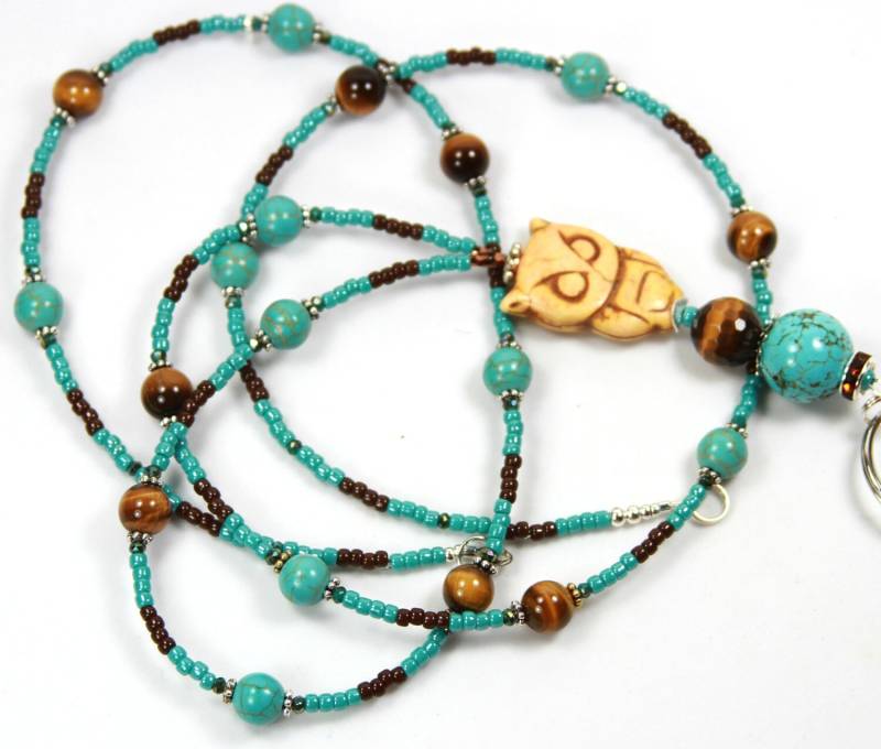 Scharfe Owl - Perlen Badge Holder, Schlüsselband, Türkis Plakettenhalter, Plakettenhalter Eule, Eule Schlüsselband von NineGemsInspirations