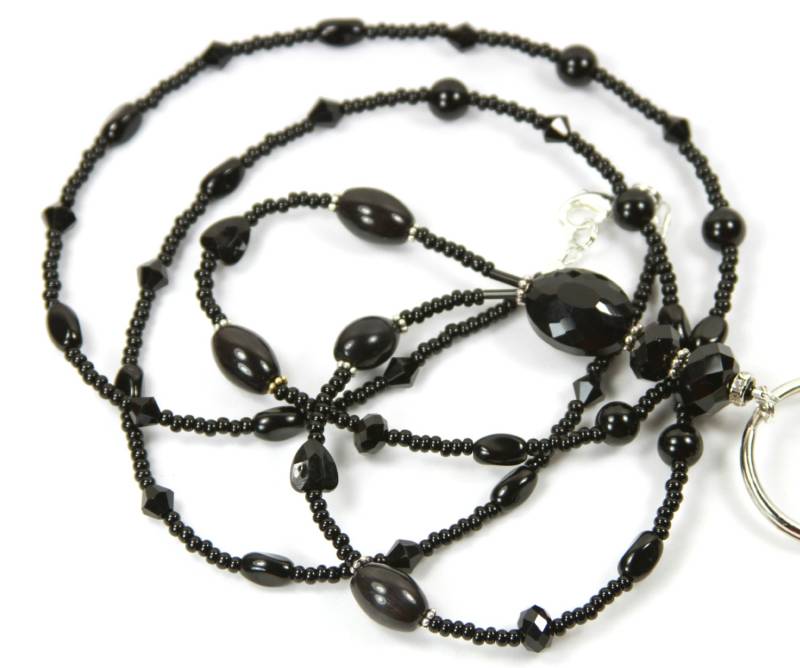 Schwarz Herz - Glasperlen Badge Holder, Beaded Lanyard, Schwarz Schlüsselband von NineGemsInspirations