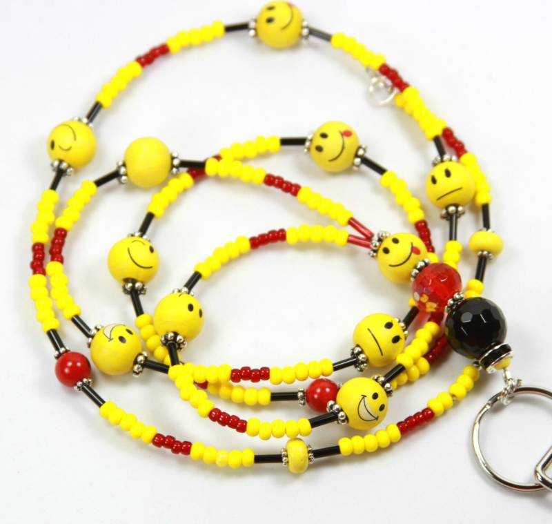Smiley - Perlen Badge Holder Gelb Lanyard, Smiley Gesicht Holder, Smiley-Gesicht-Lanyard von NineGemsInspirations