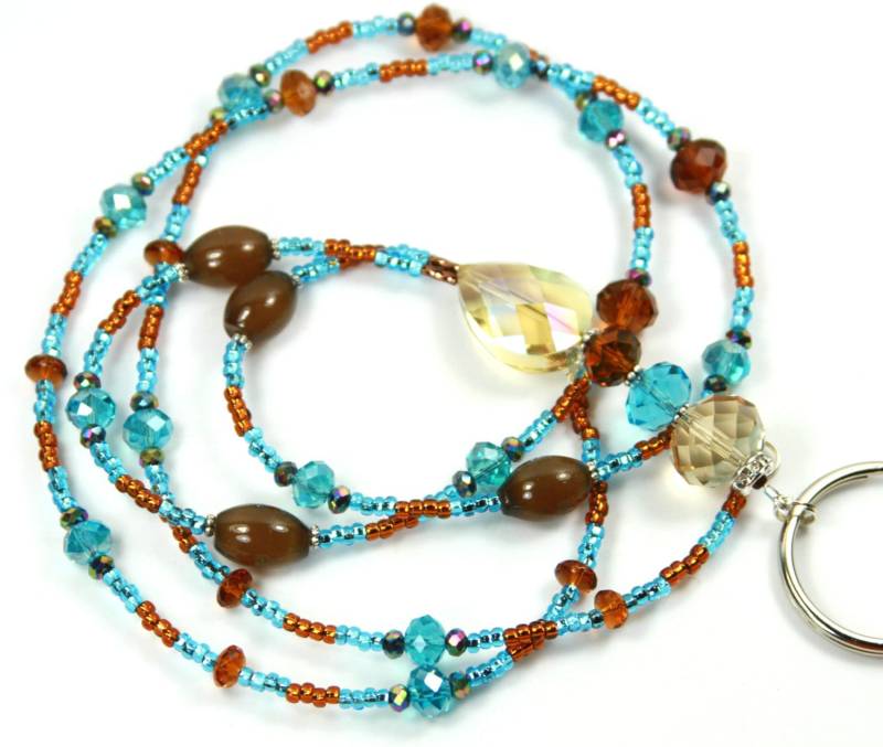 Teal - Perlen Badge Holder, Beaded Lanyard, Blaugrün Und Braun Abzeichen Halter von NineGemsInspirations