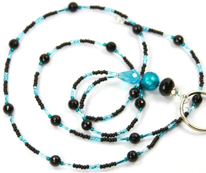 Teal-Schwarz - Glasperlen Badge Holder, Beaded Lanyard, Teal Und Schwarz Schlüsselband, Go Team Panthers Schlüsselband von NineGemsInspirations
