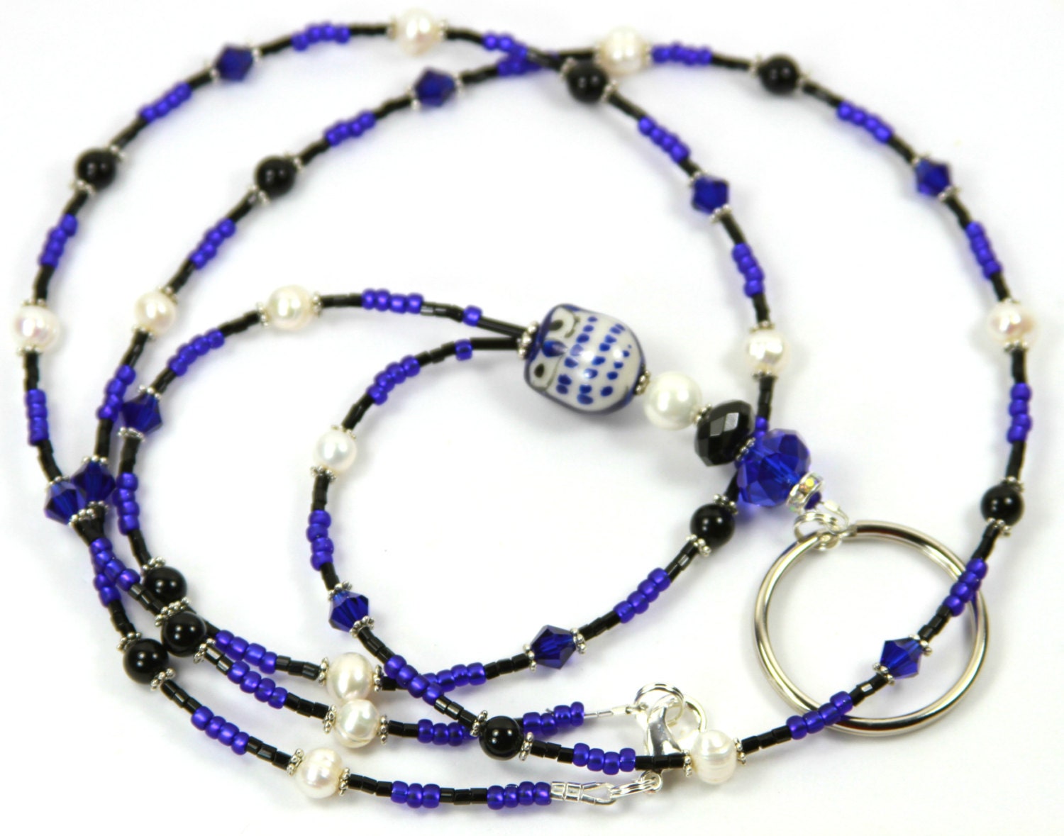 Überrascht Owl - Perlen Badge Holder, Beaded Lanyard, Blaue Eule Lanyard von NineGemsInspirations