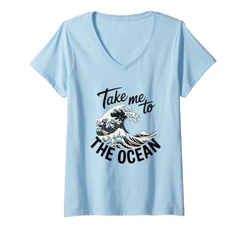 Damen Sommerkleidung Take Me to The Ocean Beach Style T-Shirt mit V-Ausschnitt von Nineblack