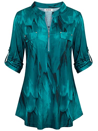 Ninedaily Damen 3/4 Ärmel Plaid Shirts Reißverschluss Floral Casual Tunika Bluse Tops, A-pfau blau, Medium von Ninedaily