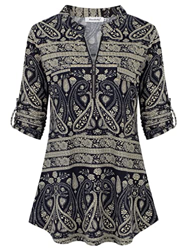 Ninedaily Damen 3/4 Ärmel Plaid Shirts Reißverschluss Floral Casual Tunika Bluse Tops, Beige / Schwarz, XX-Large von Ninedaily