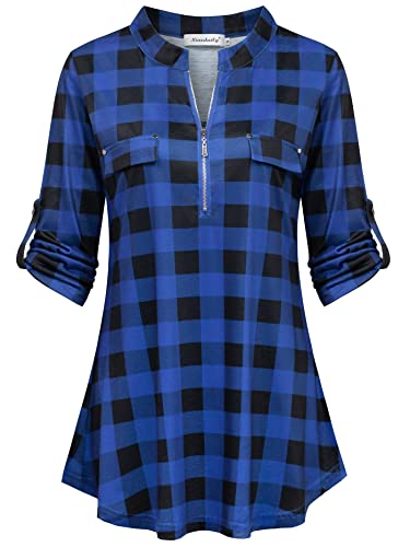 Ninedaily Damen 3/4 Ärmel Plaid Shirts Reißverschluss Floral Casual Tunika Bluse Tops, Blau kariert, XX-Large von Ninedaily