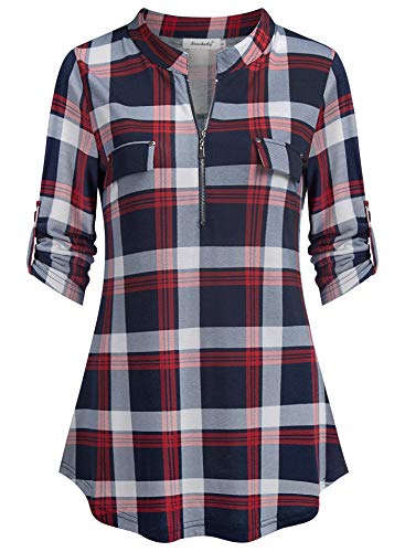 Ninedaily Damen 3/4 Ärmel Plaid Shirts Reißverschluss Floral Casual Tunika Bluse Tops, Marineweiß kariert, Klein von Ninedaily