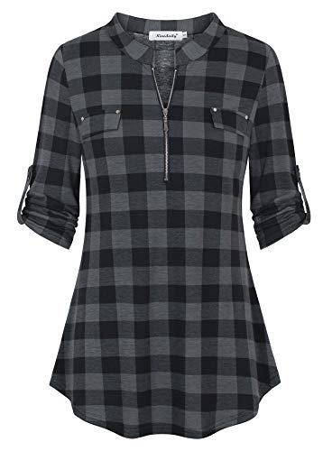 Ninedaily Damen 3/4 Ärmel Plaid Shirts Reißverschluss Floral Casual Tunika Bluse Tops, Schwarz Plaid , XX-Large von Ninedaily