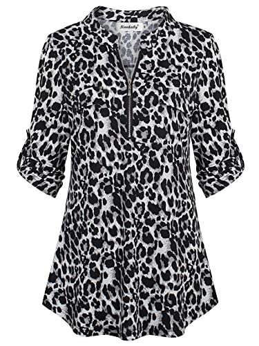 Ninedaily Damen 3/4 Ärmel Plaid Shirts Reißverschluss Floral Casual Tunika Bluse Tops, Schwarzes Leopardenmuster, XX-Large von Ninedaily