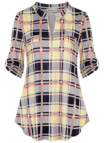 Ninedaily Damen 3/4 Ärmel Roll-up Shirts Reißverschluss Floral Casual Tunika Bluse Tops - Beige - XX-Large von Ninedaily