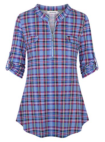 Ninedaily Damen 3/4 Ärmel Roll-up Shirts Reißverschluss Floral Casual Tunika Bluse Tops - Violett - XX-Large von Ninedaily