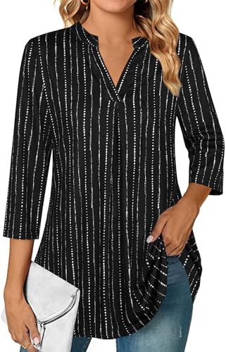 Ninedaily Damen-Oberteil, elegant, lässig, 3/4-Ärmel, V-Ausschnitt, Chiffon, Arbeitsblusen, Schwarz gestreift, Groß von Ninedaily