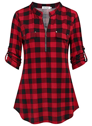 Ninedaily Damen 3/4 Ärmel Plaid Shirts Reißverschluss Floral Casual Tunika Bluse Tops, Schwarzrot kariert, XX-Large von Ninedaily