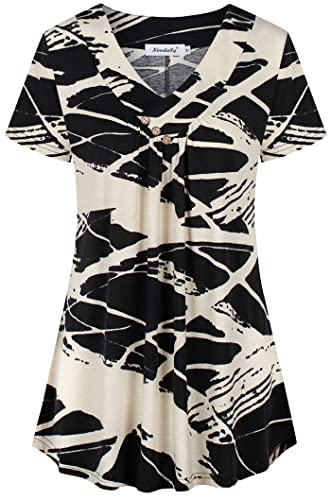 Ninedaily Damen Tunika Sommer Kurzarm Top Lose V Ausschnitt Dressy Shirt Bluse, Schwarz / Beige, X-Groß von Ninedaily