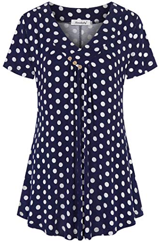 Ninedaily Damen Tunika Sommer Kurzarm Top Lose V Ausschnitt Elegant Hemdbluse, Navywhite Polka Dot, Mittel von Ninedaily