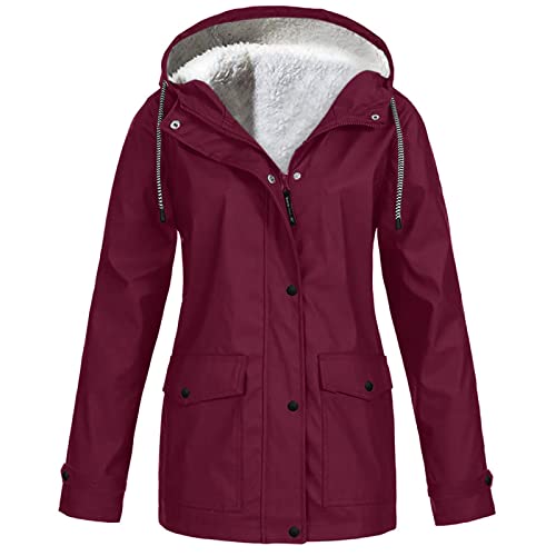 Ninedayx Regenmantel Damen Regenmantel Leichte Regenjacke Windbreaker Fleece Jacke Damen Wasserdicht Hoodie Outdoor Softshell Trenchcoat Fleece Gefüttert, bordeaux, 50 von Ninedayx