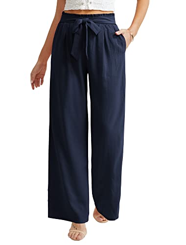 Ninee Damen Freizeithosen mit weitem Bein Hohe Taille Business Arbeit Locker Fließend Strand Palazzo Hosen(Navy Blue,Small) von Ninee