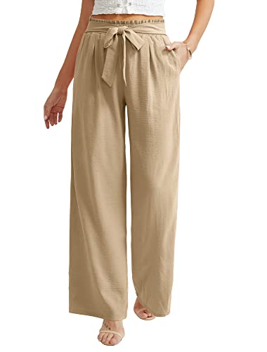 Ninee Damen Freizeithosen mit weitem Bein Hohe Taille Business Arbeit Locker Fließend Strand Palazzo Hosen(Khaki,Small) von Ninee