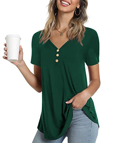 Ninee Damen Kurzarm T-Shirt Sommer V-Ausschnitt Tunika Tops lose Knopfleiste Bluse (Dark Green,Small) von Ninee