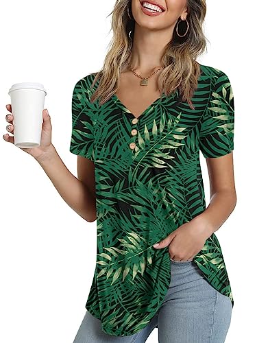 Ninee Damen Kurzarm T-Shirt V-Ausschnitt Sommer Tunika Tops lässig Knopfleiste Bluse (Flower Black Green Leaf,XX-Large) von Ninee