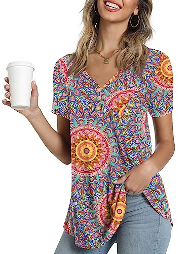 Ninee Damen Kurzarm T-Shirt V-Ausschnitt Sommer Tunika Tops lässig Knopfleiste Bluse (Flower Peacock Blue,4X-Large) von Ninee