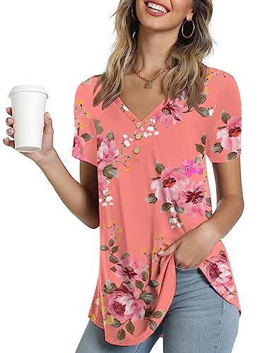 Ninee Damen Kurzarm T-Shirt V-Ausschnitt Sommer Tunika Tops lässig Knopfleiste Bluse (Flower Pink,Medium) von Ninee