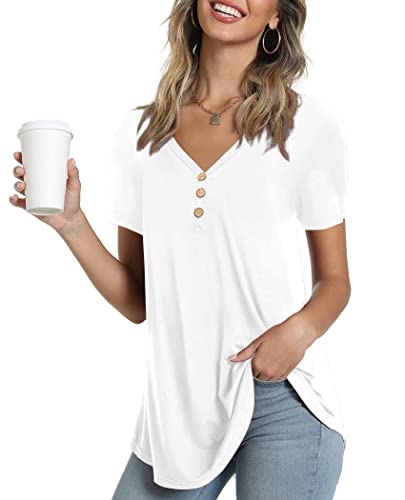Ninee Damen Kurzarm T-Shirt V-Ausschnitt Tunika Tops lässig Elegant Knopfleiste Bluse (White,3X-Large) von Ninee