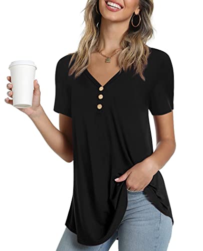 Ninee Damen Kurzarm T-Shirt V-Ausschnitt Tunika Tops lose Knopfleiste Bluse (Black,Medium) von Ninee