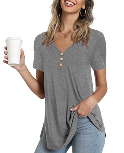 Ninee Damen Kurzarm T-Shirt V-Ausschnitt Tunika Tops lose Knopfleiste Bluse (Grey,3X-Large) von Ninee