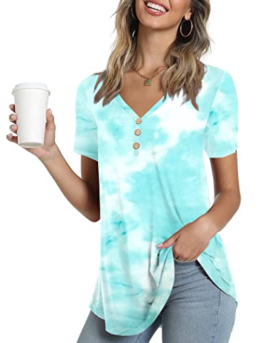 Ninee Damen Kurzarm T-Shirt V-Ausschnitt Tunika Tops lose Passform Knopfleiste Bluse (Tie Dye Light Blue,Large) von Ninee