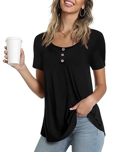 Ninee Damen Kurzarm Tunika Tops Rundhalsausschnitt T-Shirt lose Knopfleiste Bluse(Black,Large) von Ninee