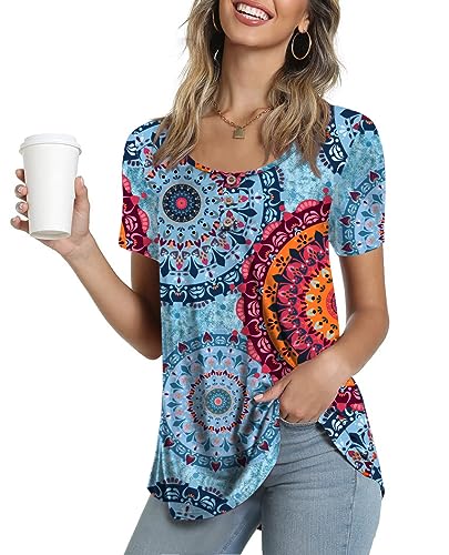 Ninee Damen Kurzarm Tunika Tops Rundhalsausschnitt T-Shirt lose Knopfleiste Bluse(Flower Multiple Blue,Small) von Ninee