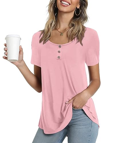 Ninee Damen Kurzarm Tunika Tops Rundhalsausschnitt T-Shirt lose Knopfleiste Bluse(Pink,Medium) von Ninee