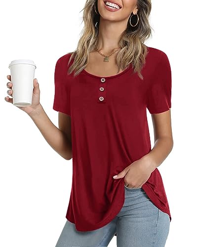 Ninee Damen Kurzarm Tunika Tops Rundhalsausschnitt T-Shirt lose Knopfleiste Bluse(Wine Red,Small) von Ninee