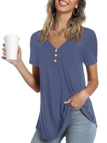Ninee Damen Kurzarm Tunika Tops V-Ausschnitt T-Shirt lose Knopfleiste Bluse (Grey Purple,Medium) von Ninee