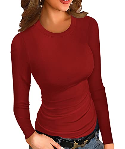 Ninee Damen Langarm Shirt Lose Herbst Top Basic gerippt Stricken T Shirts(Wine Red,Medium) von Ninee