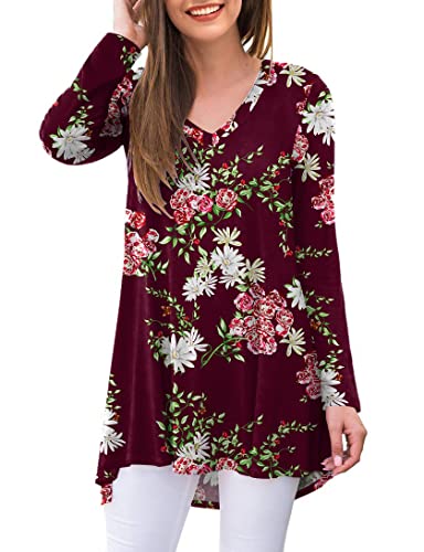 Ninee Damen Langarm Shirt V-Ausschnitt Casual Floral T Shirts Blusen Tops (Flower Wine Red,Small) von Ninee