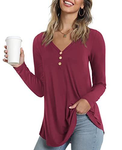 Ninee Damen Langarm Shirt V-Ausschnitt Tunika Tops Lässig Winter Knopfleiste Bluse（Wine Red,Large） von Ninee