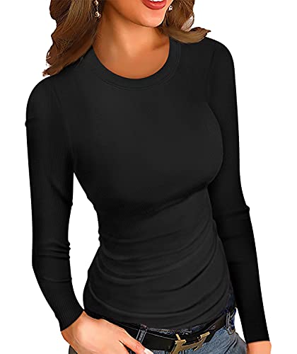 Ninee Damen Langarmshirt Lässig Stretch Schlank Rundhalsausschnitt Gerippt Basic Herbst Shirts Sexy Tops(Black,X-Small) von Ninee