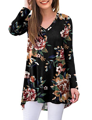 Ninee Damen Langarmshirt V-Ausschnitt Casual Tunika Tops Bluse T-Shirts (Flower Brown Black,Large) von Ninee