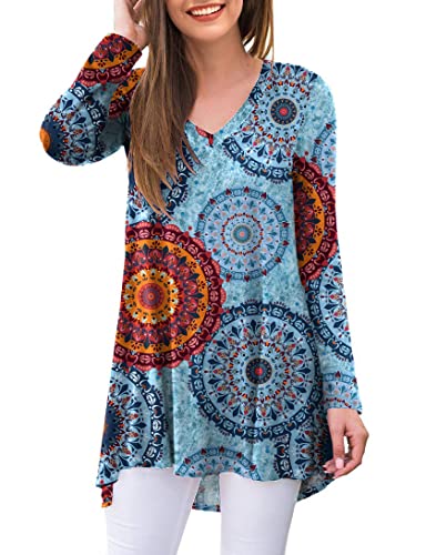 Ninee Damen Langarmshirt V-Ausschnitt Casual Tunika Tops Bluse T-Shirts (Flower Multiple Blue,Large) von Ninee